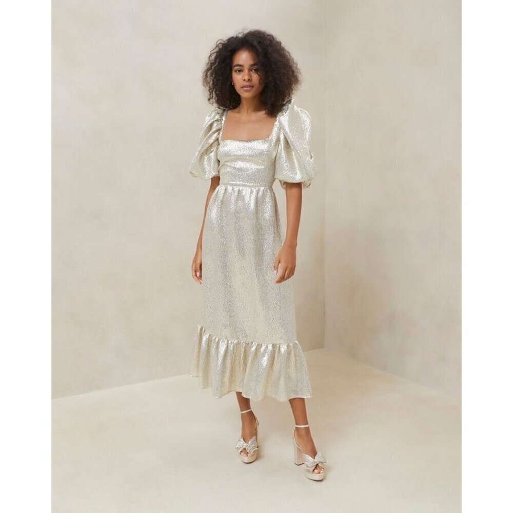 Loeffler Randall Elisa Puff Sleeve Gold Midi Evening Dress Size 4 - Picture 2 of 10